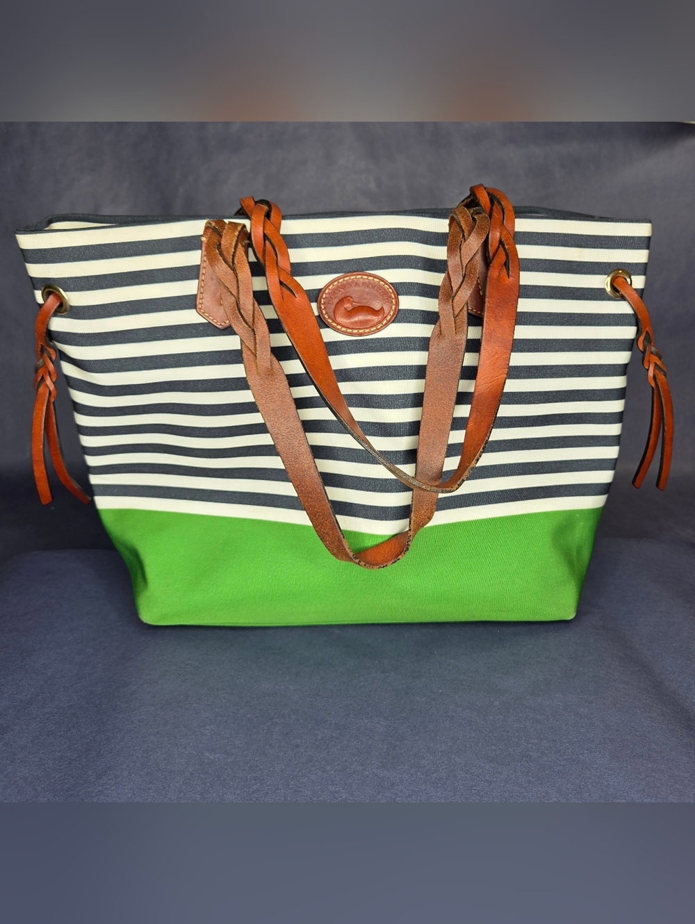 Dooney & Bourke Green Stripe Tote with Brown Leather Trim